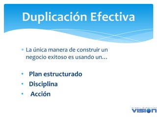 Duplicación Efectiva

 La única manera de construir un
 negocio exitoso es usando un…

• Plan estructurado
• Disciplina
• Acción
 