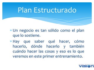 Plan Estructurado

Un negocio es tan sólido como el plan
que lo sostiene.
Hay que saber qué hacer, cómo
hacerlo, dónde hacerlo y también
cuándo hacer las cosas y eso es lo que
veremos en este primer entrenamiento.
 