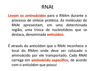 RNAt
Levam os aminoácidos para o RNAm durante o
processo de síntese protéica. As moléculas de
RNAt apresentam, em uma determinada
região, uma trinca de nucleotídeos que se
destaca, denominada anticódon.
É através do anticódon que o RNAt reconhece o
local do RNAm onde deve ser colocado o
aminoácido por ele transportado. Cada RNAt
carrega em aminoácido específico, de acordo
com o anticódon que possui
 