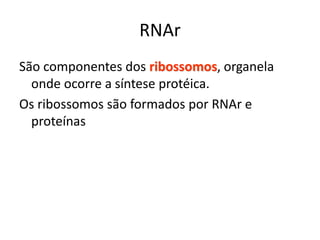 RNAr
São componentes dos ribossomos, organela
onde ocorre a síntese protéica.
Os ribossomos são formados por RNAr e
proteínas
 