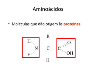 Aminoácidos
• Moléculas que dão origem às proteínas.
CN
H
R
C
OH
OH
H
 
