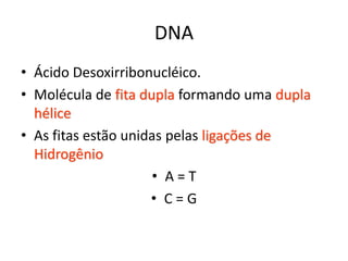 DNA
• Ácido Desoxirribonucléico.
• Molécula de fita dupla formando uma dupla
hélice
• As fitas estão unidas pelas ligações de
Hidrogênio
• A = T
• C = G
 