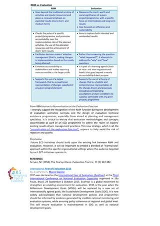 RBM vs. Evaluation 
From RBM-isation to Normalisation ot the Evaluation Function 
I strongly suggest the recognition of the RBM function during the development of evaluation workshop curricula and the design of evaluation technical assistance programmes, especially those aimed at planning and management specialists. It is critical to ensure that evaluation methodologies and concepts disseminated as part of an ECD programme fit within the realm of leaders’ existing results-driven management practices. This new strategy, which I call the “normalization of the evaluation function”, appears to help avoid the risk of rejection and apathy. 
Conclusion 
Future ECD initiatives should build upon the existing link between RBM and evaluation. However, it will be important to embed a blended or “normalised” approach within the specific organisational settings where the audience targeted by such ECD initiatives operate in. 
REFERENCE 
Scriven, M. (1994). The final synthesis. Evaluation Practice, 15 (3) 367-382. 
RBM 
Evaluation  Goes beyond the traditional scrutiny of activities and inputs (resources) and places a renewed emphasis on expected results (more short- and medium-term)  Measures the merit, worth and social significance of a given project/programme, with a specific focus on intermediate and long-term results  Also focuseds on efficiency and sustainability 
 Checks the pulse of a specific project/programme, and promotes accountability over the implementation rate of the planned activities, the use of the allocated resources and the achievement of short- term results 
 Aims to capture both intended and unintended results 
 Facilitates decision-makers’ adaptive management (that is, making changes in implementation based on the results being attained)  Rather than answering the question: “what happened?”, it attempts to address the “why” and “how” questions 
 Enhances accountability to stakeholders and makes reporting more accessible to the larger public 
 It is part of a learning agenda (both at intra- and inter-organisational levels) that goes beyond a merely accountability-driven purpose  Supports the use of a logical framework, that is, a visual linear representation of changes expected of any given program/project  Supports the use of a theory of change, that is, a holistic and comprehensive representation of the change drivers and processes (including corresponding assumptions and pre-conditions to success) connected with any given project/ programme 
International Year of Evaluation 2015 
By: EvalPartners, Marco Segone 
2015 was declared as the International Year of Evaluation (EvalYear) at the Third International Conference on National Evaluation Capacities organised in São Paulo, Brazil, 29 September-2 October 2013. EvalYear is a global movement to strengthen an enabling environment for evaluation. 2015 is the year when the Millennium Development Goals (MDGs) will be replaced by a new set of internationally agreed goals, the Sustainable Development Goals (SDG). It is now widely acknowledged that national development policies and programmes should be informed by evidence generated by credible national monitoring and evaluation systems, while ensuring policy coherence at regional and global level. This will ensure evaluation is mainstreamed in SDG as well as national development goals. 
 