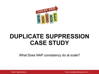 DUPLICATE SUPPRESSION
CASE STUDY
What Does NAP consistency do at scale?
1Twitter: @danleibson Email: dan@localseoguide.com
 