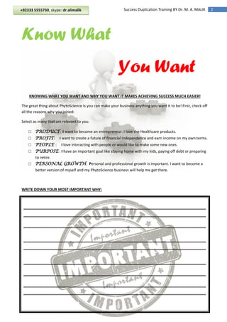 2Success Duplication Training BY Dr. M. A. MALIK
Know What
You Want
KNOWING WHAT YOU WANT AND WHY YOU WANT IT MAKES ACHIEVING SUCCESS MUCH EASIER!
The great thing about PhytoScience is you can make your business anything you want it to be! First, check off
all the reasons why you joined:
Select as many that are relevant to you.
□ PRODUCT: I want to become an entrepreneur. I love the Healthcare products.
□ PROFIT: I want to create a future of financial independence and earn income on my own terms.
□ PEOPLE : I love interacting with people or would like to make some new ones.
□ PURPOSE: I have an important goal like staying home with my kids, paying off debt or preparing
to retire.
□ PERSONAL GROWTH: Personal and professional growth is important. I want to become a
better version of myself and my PhytoScience business will help me get there.
WRITE DOWN YOUR MOST IMPORTANT WHY:
+92333 5555730, skype: dr.alimalik
 