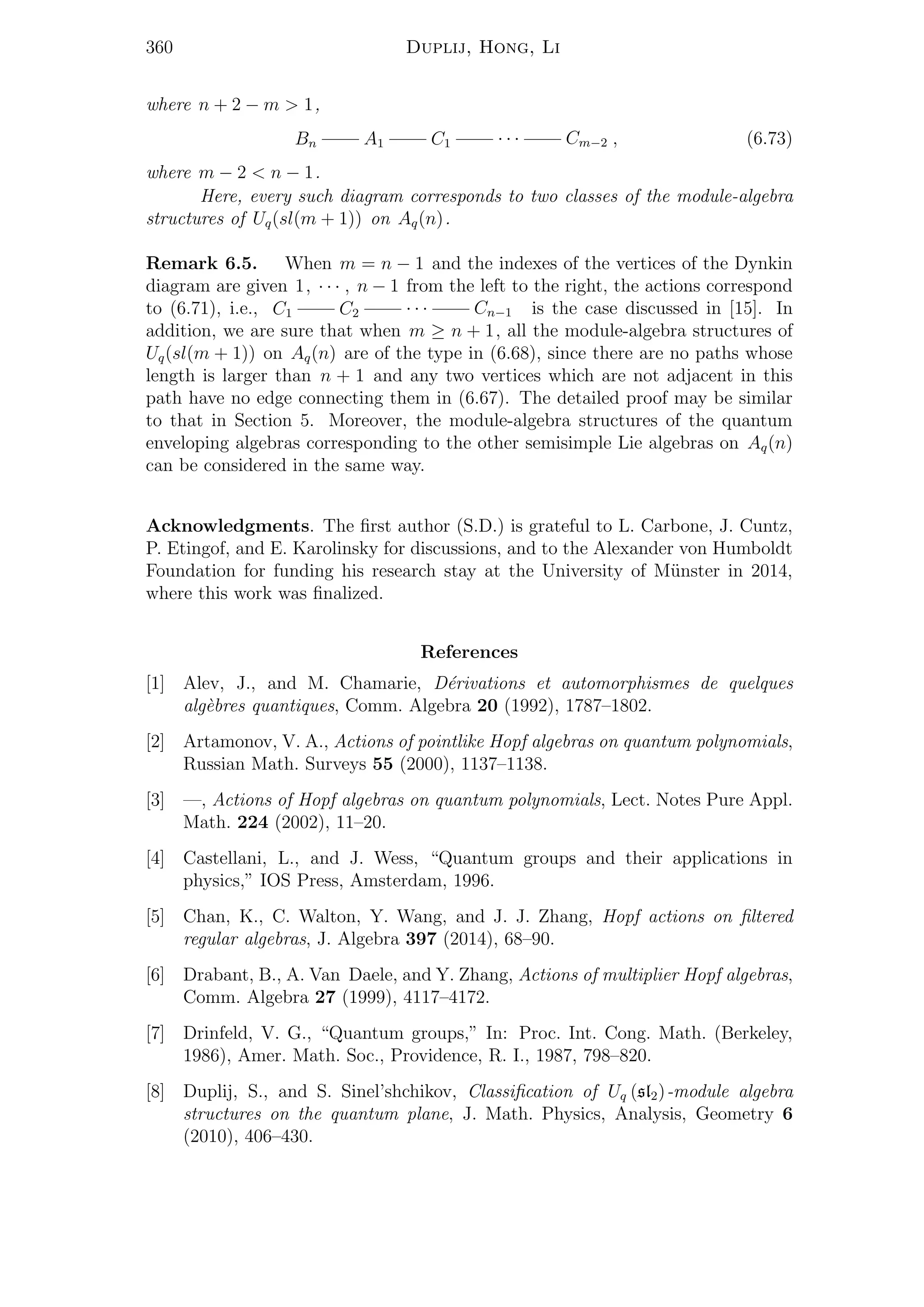 360 Duplij, Hong, Li
where n + 2 − m > 1,
Bn A1 C1 · · · Cm−2 , (6.73)
where m − 2 < n − 1.
Here, every such diagram corresponds to two classes of the module-algebra
structures of Uq(sl(m + 1)) on Aq(n).
Remark 6.5. When m = n − 1 and the indexes of the vertices of the Dynkin
diagram are given 1, · · · , n − 1 from the left to the right, the actions correspond
to (6.71), i.e., C1 C2 · · · Cn−1 is the case discussed in [15]. In
addition, we are sure that when m ≥ n + 1, all the module-algebra structures of
Uq(sl(m + 1)) on Aq(n) are of the type in (6.68), since there are no paths whose
length is larger than n + 1 and any two vertices which are not adjacent in this
path have no edge connecting them in (6.67). The detailed proof may be similar
to that in Section 5. Moreover, the module-algebra structures of the quantum
enveloping algebras corresponding to the other semisimple Lie algebras on Aq(n)
can be considered in the same way.
Acknowledgments. The ﬁrst author (S.D.) is grateful to L. Carbone, J. Cuntz,
P. Etingof, and E. Karolinsky for discussions, and to the Alexander von Humboldt
Foundation for funding his research stay at the University of M¨unster in 2014,
where this work was ﬁnalized.
References
[1] Alev, J., and M. Chamarie, D´erivations et automorphismes de quelques
alg`ebres quantiques, Comm. Algebra 20 (1992), 1787–1802.
[2] Artamonov, V. A., Actions of pointlike Hopf algebras on quantum polynomials,
Russian Math. Surveys 55 (2000), 1137–1138.
[3] —, Actions of Hopf algebras on quantum polynomials, Lect. Notes Pure Appl.
Math. 224 (2002), 11–20.
[4] Castellani, L., and J. Wess, “Quantum groups and their applications in
physics,” IOS Press, Amsterdam, 1996.
[5] Chan, K., C. Walton, Y. Wang, and J. J. Zhang, Hopf actions on ﬁltered
regular algebras, J. Algebra 397 (2014), 68–90.
[6] Drabant, B., A. Van Daele, and Y. Zhang, Actions of multiplier Hopf algebras,
Comm. Algebra 27 (1999), 4117–4172.
[7] Drinfeld, V. G., “Quantum groups,” In: Proc. Int. Cong. Math. (Berkeley,
1986), Amer. Math. Soc., Providence, R. I., 1987, 798–820.
[8] Duplij, S., and S. Sinel’shchikov, Classiﬁcation of Uq (sl2)-module algebra
structures on the quantum plane, J. Math. Physics, Analysis, Geometry 6
(2010), 406–430.
 