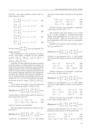 Acta Polytechnica Vol. 50 No. 5/2010
(24)–(27). For other symbolic matrices with the
above property we have
0
0 0
1
=⇒ α = q−3
, β = q−1
, (28)
0
0 0
1
=⇒ α = q, β = q−1
, (29)
0 0
0
1
=⇒ α = q, β = q−1
, (30)
0 0
0
1
=⇒ α = q, β = q3
, (31)
0
0
1
=⇒ α = q, β = q−1
, (32)
and the matrix
0 0
0 0
1
does not determine the
weight constants.
Let us introduce a table of families of Uq (sl2)-
actions, each family is labeled by two symbolic
matrices Mef
0
, Mef
1
, and we call it a
Mef
0
; Mef
1
-series.
Note that the series labeled with pairs of nonzero
symbolic matrices at both positions are empty, be-
cause each such matrix determines a pair of speciﬁc
weight constants α and β (16)–(19) which fails to co-
incide to any pair of such constants associated to the
set of nonzero symbolic matrices at the second posi-
tion (28)–(32). Also the series with zero symbolic ma-
trix at the ﬁrst position and symbolic matrices con-
taining only one at the second position are empty.
In this way we get 24 “empty” Mef
0
; Mef
1
-
series.
Let us turn to “non-empty” series and begin with
the case in which the action ef-matrix is zero.
Theorem 2 The
0 0
0 0
0
;
0 0
0 0
1
-series
consists of four Uq (sl2)-module algebra structures on
the quantum plane given by
k (x) = ±x, k (y) = ±y, (33)
e (x) = e (y) = f (x) = f (y) = 0, (34)
which are pairwise non-isomorphic.
The next theorem describes the well-known sym-
metry [6, 7].
Theorem 3 The
0 0
0 0
0
;
0
0
1
-series
consists of a one-parameter (τ ∈ C  {0}) family
of Uq (sl2)-module algebra structures on the quantum
plane
k (x) = qx, k (y) = q−1
y, (35)
e (x) = 0, e (y) = τx, (36)
f (x) = τ−1
y, f (y) = 0. (37)
All these structures are isomorphic, in particular
to the action as above with τ = 1.
The essential claim here which is not covered
by [6, 7], is that no higher (> 1) degree terms could
appear in the expressions for e(x), e(y), f(x), f(y)
in (36) and (37). This can be proved by a rou-
tine computation which relies upon our assumption
0 < q < 1.
Consider the symmetries whose symbolic matrix
Mef
0
contains one .
Theorem 4 The
0
0 0
0
;
0 0
0 0
1
-series
consists of a one-parameter (b0 ∈ C  {0}) family
of Uq (sl2)-module algebra structures on the quantum
plane
k (x) = qx, k (y) = q−2
y, (38)
e (x) = 0, e (y) = b0, (39)
f (x) = b−1
0 xy, f (y) = −qb−1
0 y2
. (40)
All these structures are isomorphic, in particular
to the action as above with b0 = 1.
Theorem 5 The
0 0
0
0
;
0 0
0 0
1
-series
consists of a one-parameter (c0 ∈ C  {0}) family
of Uq (sl2)-module algebra structures on the quantum
plane
k (x) = q2
x, k (y) = q−1
y, (41)
e (x) = −qc−1
0 x2
, e (y) = c−1
0 xy, (42)
f (x) = c0, f (y) = 0. (43)
All these structures are isomorphic, in particular
to the action as above with c0 = 1.
Theorem 6 The
0
0 0
0
;
0 0
0 0
1
-series
consists of a three-parameter (a0 ∈ C  {0}, s, t ∈ C)
family of Uq (sl2)-actions on the quantum plane
k (x) = q−2
x, k (y) = q−1
y, (44)
e (x) = a0, e (y) = 0, (45)
f (x) = −qa−1
0 x2
+ ty4
, f (y) = −qa−1
0 xy + sy3
. (46)
27
 