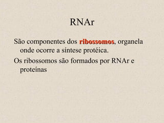 RNAr
São componentes dos ribossomos, organela
ribossomos
onde ocorre a síntese protéica.
Os ribossomos são formados por RNAr e
proteínas

 