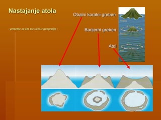 Obalni koralni grebenObalni koralni greben
Barijerni grebenBarijerni greben
AtolAtol
Nastajanje atolaNastajanje atola
-- prisetite se šta ste učili iz geografijeprisetite se šta ste učili iz geografije --
 
