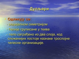 Дупљари

• Одликују се:

- радијалном симетријом
- ћелије груписане у ткива
- тело саграђено из два слоја, код
сложенијих постоје назнаке трослојне
телесне организације.

 