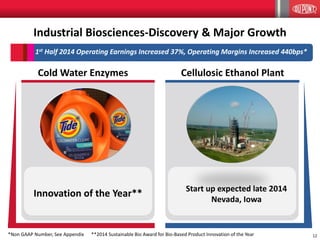 12
Cellulosic Ethanol Plant
Industrial Biosciences-Discovery & Major Growth
Cold Water Enzymes
1st Half 2014 Operating Earnings Increased 37%, Operating Margins Increased 440bps*
Innovation of the Year** Start up expected late 2014
Nevada, Iowa
**2014 Sustainable Bio Award for Bio-Based Product Innovation of the Year*Non GAAP Number, See Appendix
 