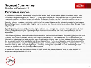 Segment Commentary
First Quarter Earnings 2015
16
Performance Materials
In Performance Materials, we delivered strong volume growth in the quarter, which helped to offset the impact from
currency and lower ethylene prices. Sales of $1.4 billion were up 5 percent year-over-year, excluding an 8 percent
negative impact from portfolio changes, primarily the GLS/Vinyls divestiture, and a 5 percent impact from currency.
Segment volumes increased 8 percent on solid North America and Asia demand in auto and increased ethylene sales.
Sales of ethylene were constrained in the prior year in advance of a planned maintenance outage at our Orange, Texas
ethylene unit.
Operating earnings increased 12 percent as higher volumes and a stronger mix overcame the negative impacts from
currency and portfolio changes. Operating margins increased approximately 400 basis points primarily due to mix
enrichment.
Demand for engineering polymers and elastomers was solid in North America and Asia, despite sluggish year over year
growth in auto builds and weaker demand in Europe and Latin America. In Packaging and Industrial Polymers, the
decline in oil prices year-over-year provided a significant headwind due to lower ethylene prices and margins, offsetting
the favorable impact of advantaged ethane and natural gas pricing. For the second quarter, we anticipate sales will be
low-teens percent lower due primarily to portfolio changes, currency, and lower ethylene prices. Excluding these items,
sales would be up in the low-single-digit range. Operating earnings are expected to be up in the mid-single digits
percent on higher volume and continued mix enrichment.
In the second quarter, we anticipate the benefit of lower ethane cost will be more than offset by lower margins for
ethylene and ethylene-based products.
 