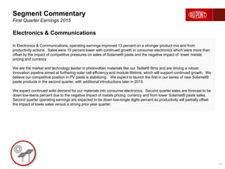 In Electronics & Communications, operating earnings improved 13 percent on a stronger product mix and from
productivity actions. Sales were 10 percent lower with continued growth in consumer electronics which were more than
offset by the impact of competitive pressures on sales of Solamet® paste and the negative impact of lower metals
pricing and currency.
We are the market and technology leader in photovoltaic materials like our Tedlar® films and are driving a robust
innovation pipeline aimed at furthering solar cell efficiency and module lifetime, which will support continued growth. We
believe our competitive position in PV paste is stabilizing. We expect to launch the first in our series of new Solamet®
paste products in the second quarter, with additional introductions later in 2015.
We expect continued solid demand for our materials into consumer electronics. Second quarter sales are forecast to be
down low-teens percent due to the negative impact of metals pricing, currency and from lower Solamet® paste sales.
Second quarter operating earnings are expected to be down low-single digits percent as productivity will partially offset
the impact of lower sales versus a strong prior year quarter.
Segment Commentary
First Quarter Earnings 2015
17
Electronics & Communications
 