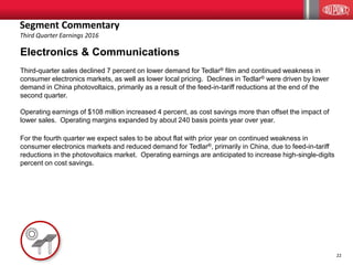 22
Electronics & Communications
Third-quarter sales declined 7 percent on lower demand for Tedlar® film and continued weakness in
consumer electronics markets, as well as lower local pricing. Declines in Tedlar® were driven by lower
demand in China photovoltaics, primarily as a result of the feed-in-tariff reductions at the end of the
second quarter.
Operating earnings of $108 million increased 4 percent, as cost savings more than offset the impact of
lower sales. Operating margins expanded by about 240 basis points year over year.
For the fourth quarter we expect sales to be about flat with prior year on continued weakness in
consumer electronics markets and reduced demand for Tedlar®, primarily in China, due to feed-in-tariff
reductions in the photovoltaics market. Operating earnings are anticipated to increase high-single-digits
percent on cost savings.
Segment Commentary
Third Quarter Earnings 2016
 