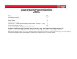 INDEX PAGE
SELECTED OPERATING RESULTS 27
SELECTED INCOME STATEMENT DATA 28
SEGMENT NET SALES 29
SEGMENT OPERATING EARNINGS 30
SIGNIFICANT ITEMS BY SEGMENT - PRETAX OPERATING INCOME; DEPRECIATION AND AMORTIZATION BY SEGMENT 31
RECONCILIATION OF NON-GAAP MEASURES 32-35
RECONCILIATION OF BASE INCOME TAX RATE TO EFFECTIVE INCOME TAX RATE 36
Note: Management believes that an analysis of operating earnings (as defined on page 27), a "non-GAAP" measure, is meaningful to investors because it provides insight with respect to ongoing operating results
of the company. Such measurements are not recognized in accordance with generally accepted accounting principles (GAAP) and should not be viewed as an alternative to GAAP measures of performance.
E. I. DU PONT DE NEMOURS AND COMPANY AND CONSOLIDATED SUBSIDIARIES
QUARTERLY SUPPLEMENTAL FINANCIAL DATA AND NON-GAAP RECONCILIATIONS
(UNAUDITED)
December 31, 2015
The quarterly supplemental financial data and non-gaap reconciliations presents the historical financial information of DuPont restated to reflect the July 2015 spin-off of Chemours. The results of Performance Chemicals are presented as
discontinued operations and have been excluded from continuing operations, segment results, and related calculations in accordance with generally accepted accounting principles in the United States (US GAAP). In addition, effective July 1,
2015, certain corporate expenses will now be included in segment operating earnings. Reclassifications of prior year data have been made to conform to current year classifications.
 