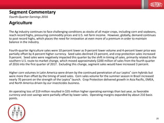 20
Agriculture
The Ag industry continues to face challenging conditions as stocks of all major crops, including corn and soybeans,
reach record highs, pressuring commodity prices and U.S. net farm income. However, globally, demand continues
to post record highs, which places the need for innovation at even more of a premium in order to maintain
balance in the industry.
Fourth-quarter Agriculture sales were 10 percent lower as 9-percent lower volume and 4-percent lower price was
partially offset by 4-percent higher currency. Seed sales declined 23 percent, and crop protection sales increased
9 percent. Seed sales were negatively impacted this quarter by the shift in timing of sales, primarily related to the
southern U.S. route-to-market change, which moved approximately $200 million of sales from the fourth quarter
of 2016 into the first quarter of 2017. Excluding this change, segment sales would have increased 3 percent.
Higher corn volumes in Latin America were driven by the continued penetration of our Leptra® corn hybrids but
were more than offset by the timing of seed sales. Corn sales volume for the summer season in Brazil increased
nearly 70 percent on the strength of the Leptra® launch. Crop Protection delivered growth in Asia Pacific, EMEA,
and North America driven by our insecticides business.
An operating loss of $19 million resulted in $35 million higher operating earnings than last year, as favorable
currency and cost savings were partially offset by lower sales. Operating margins expanded by about 210 basis
points.
Segment Commentary
Fourth-Quarter Earnings 2016
 