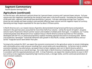 21
Agriculture (continued)
For the full year, sales declined 3 percent driven by 2-percent lower currency and 1-percent lower volume. Full year
volume was also negatively impacted by the timing of seed sales in the fourth quarter. Excluding the change in timing
of 4Q seed sales, segment sales would have declined by 1 percent. Full-year operating earnings rose 7 percent,
driven by cost savings and lower product costs partially offset by lower volume and the negative impact of currency.
Operating earnings margins expanded for the year by about 170 basis points.
In North America corn, our newest classes of genetics demonstrated strong harvest performance and products
released in the past two years accounted for more than half of our volume. Led by the launch of Leptra®, we grew
volume nearly 70 percent in Brazil summer season and enabled a multiple point share gain. In soybeans, our T-series
comprised greater than 80 percent of our soybean lineup in North America and we launched our first varieties
developed with AYT 4.0, an advanced proprietary soybean breeding approach focused on increasing yield. Within
crop protection, Rynaxypyr® insecticide delivered sales growth in Asia Pacific, Europe, and North America and our
Zorvec® fungicide launch went better than plan.
Turning to the outlook for 2017, we expect the economic environment in the agriculture sector to remain challenging
with commodity prices under pressure resulting from record yields and crop production. As farmers look to relative
economics between crop alternatives, we expect them to favor soybeans over corn in North America which is
generally unfavorable to our overall earnings. Our order book in North America is tracking with our expectations and
is consistent with the expected planted acre shift. In Crop Protection, we expect the industry decline to ease in 2017
but continue to be negatively impacted by high inventory levels, a stronger dollar, and the continued penetration of
insect-resistant soybeans.
Segment Commentary
Fourth-Quarter Earnings 2016
 