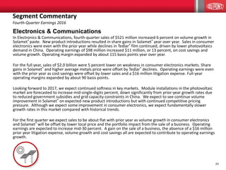 23
Electronics & Communications
In Electronics & Communications, fourth-quarter sales of $521 million increased 6 percent on volume growth in
Solamet® paste. New product introductions resulted in share gains in Solamet® year over year. Sales in consumer
electronics were even with the prior year while declines in Tedlar® film continued, driven by lower photovoltaics
demand in China. Operating earnings of $98 million increased $11 million, or 13 percent, on cost savings and
volume growth. Operating margin expanded by about 115 basis points year over year.
For the full year, sales of $2.0 billion were 5 percent lower on weakness in consumer electronics markets. Share
gains in Solamet® and higher average metals price were offset by Tedlar® declines. Operating earnings were even
with the prior year as cost savings were offset by lower sales and a $16 million litigation expense. Full-year
operating margins expanded by about 90 basis points.
Looking forward to 2017, we expect continued softness in key markets. Module installations in the photovoltaic
market are forecasted to increase mid-single-digits percent, down significantly from prior-year growth rates due
to reduced government subsidies and grid capacity constraints in China. We expect to see continue volume
improvement in Solamet® on expected new product introductions but with continued competitive pricing
pressure. Although we expect some improvement in consumer electronics, we expect fundamentally slower
growth rates in this market compared with historical trends.
For the first quarter we expect sales to be about flat with prior year as volume growth in consumer electronics
and Solamet® will be offset by lower local price and the portfolio impact from the sale of a business. Operating
earnings are expected to increase mid-30 percent. A gain on the sale of a business, the absence of a $16 million
prior year litigation expense, volume growth and cost savings all are expected to contribute to operating earnings
growth.
Segment Commentary
Fourth-Quarter Earnings 2016
 