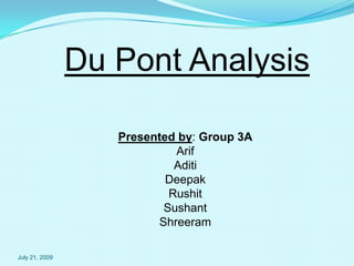 Du Pont Analysis Presented by: Group 3A Arif Aditi Deepak Rushit Sushant Shreeram May 2, 2009 