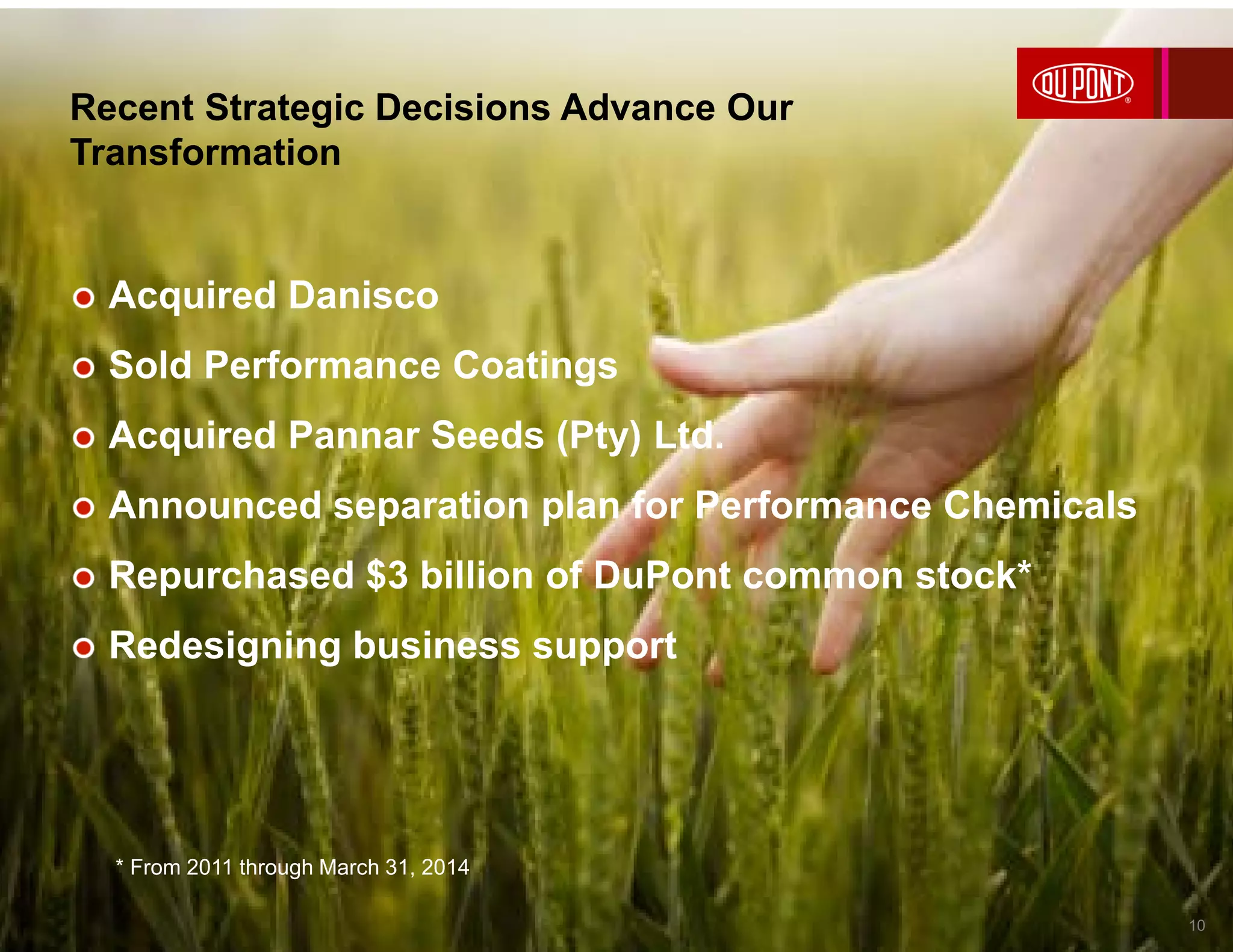 Recent Strategic Decisions Advance Our
Transformation
Acquired Danisco
Sold Performance Coatings
Acquired Pannar Seeds (Pty) Ltd.
Announced separation plan for Performance Chemicals
Repurchased $3 billion of DuPont common stock*
Redesigning business support
10
* From 2011 through March 31, 2014
 