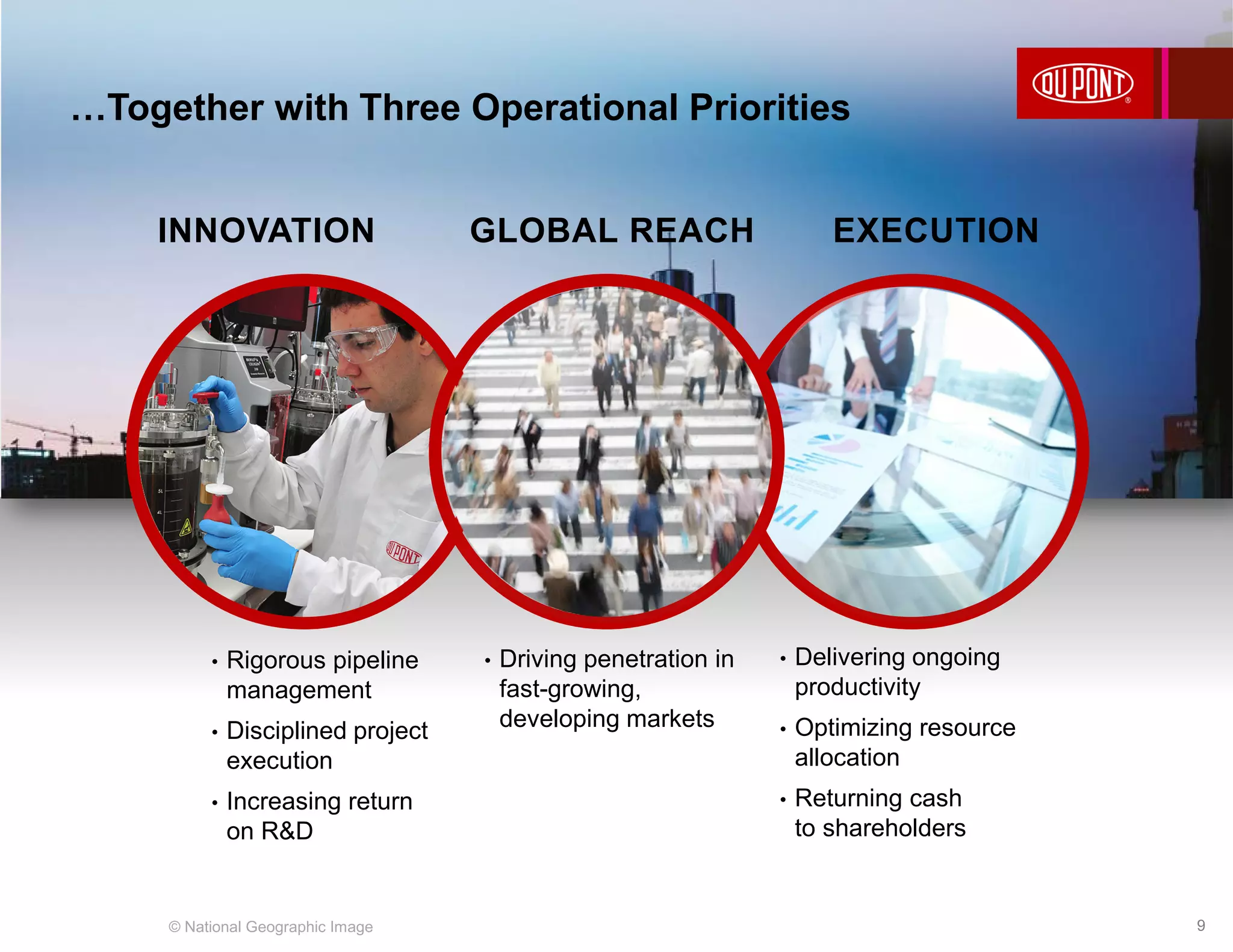 INNOVATION GLOBAL REACH EXECUTION
…Together with Three Operational Priorities
© National Geographic Image
• Rigorous pipeline
management
• Disciplined project
execution
• Increasing return
on R&D
• Driving penetration in
fast-growing,
developing markets
• Delivering ongoing
productivity
• Optimizing resource
allocation
• Returning cash
to shareholders
9
 