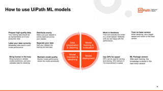 38
How to use UiPath ML models
Model
training &
evaluation
Model
deployment
Model
maintain &
retraining
Data
preparation
& cleaning
Prepare high-quality data
Your training data should be
as representative as of your
production data
Label your data correctly
Mislabeled data result in poor
model performance
Distribute evenly
Make sure your dataset is
evenly balanced across
your classes
Separate your data
Split your dataset into
training and test data
Train on base version
When retraining, use a bigger
dataset and retrain on the base
version
Work in iterations
Train and evaluate the model
on a small dataset. Reiterete
until you are happy with the
performance.
Use GPU for speed
GPU can be used for serving
and training. GPU delivers 5-
10x improvement in speed
Maintain model quality
Monitor model performance,
retrain the model periodically
ML Package version
After each training, the
knowledge is stored in the
next minor version
Bring human in the loop
Bring humans to validate
model predictions, and save
validated data for retraining
 