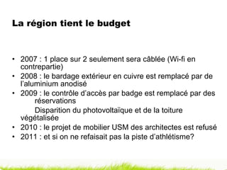 La région tient le budget  2007 : 1 place sur 2 seulement sera câblée (Wi-fi en  contrepartie) 2008 : le bardage extérieur en cuivre est remplacé par de  l’aluminium anodisé 2009 : le contrôle d’accès par badge est remplacé par des  réservations Disparition du photovoltaïque et de la toiture  végétalisée 2010 : le projet de mobilier USM des architectes est refusé 2011 : et si on ne refaisait pas la piste d’athlétisme? 