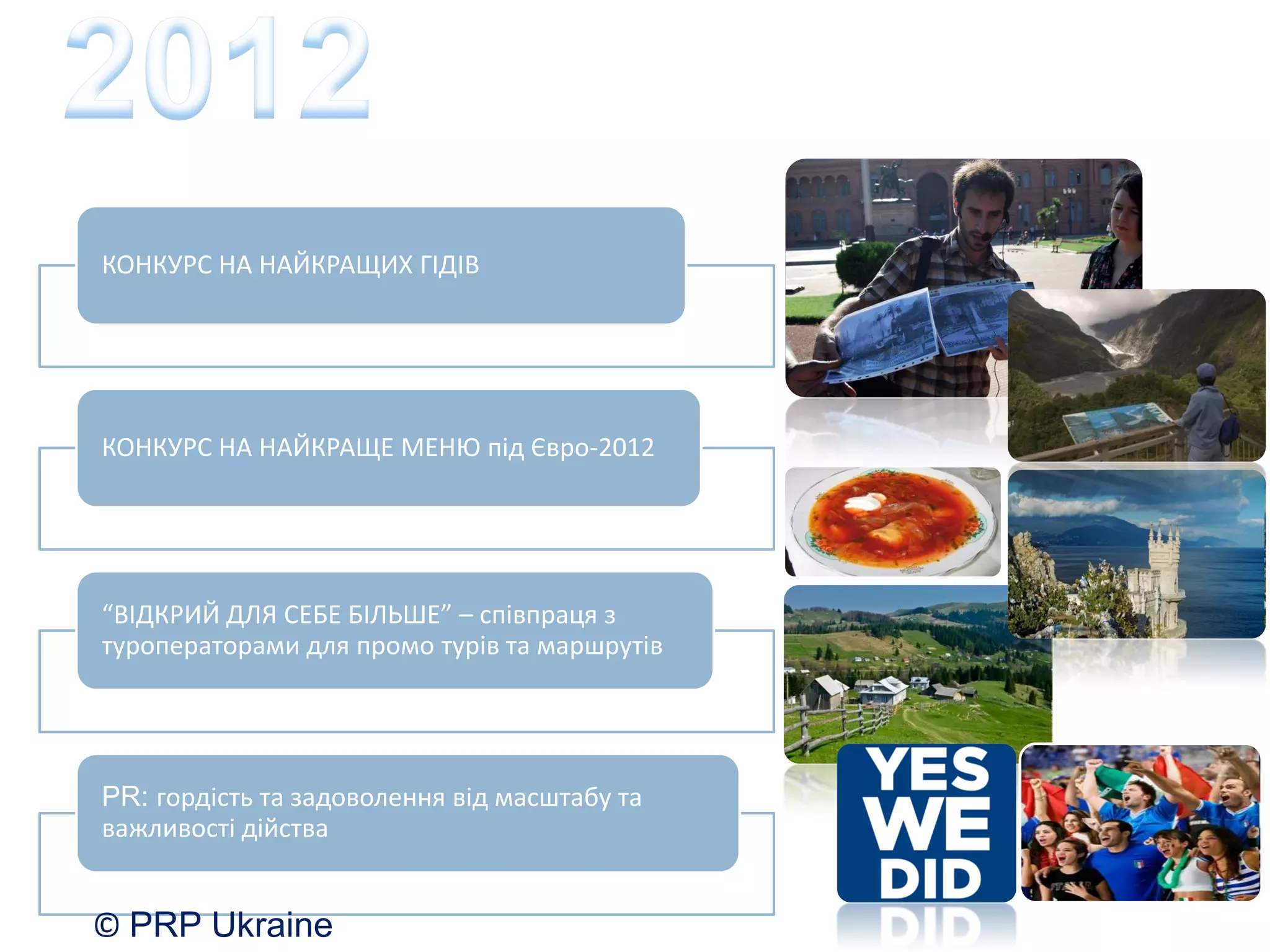КОНКУРС НА НАЙКРАЩИХ ГІДІВ




КОНКУРС НА НАЙКРАЩЕ МЕНЮ під Євро-2012




“ВІДКРИЙ ДЛЯ СЕБЕ БІЛЬШЕ” – співпраця з
туроператорами для промо турів та маршрутів




PR: гордість та задоволення від масштабу та
важливості дійства


© PRP Ukraine
 