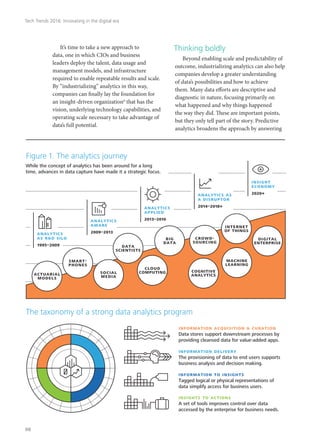It’s time to take a new approach to
data, one in which CIOs and business
leaders deploy the talent, data usage and
management models, and infrastructure
required to enable repeatable results and scale.
By “industrializing” analytics in this way,
companies can finally lay the foundation for
an insight-driven organization6
that has the
vision, underlying technology capabilities, and
operating scale necessary to take advantage of
data’s full potential.
Thinking boldly
Beyond enabling scale and predictability of
outcome, industrializing analytics can also help
companies develop a greater understanding
of data’s possibilities and how to achieve
them. Many data efforts are descriptive and
diagnostic in nature, focusing primarily on
what happened and why things happened
the way they did. These are important points,
but they only tell part of the story. Predictive
analytics broadens the approach by answering
The taxonomy of a strong data analytics program
information acquisition & curation
Data stores support downstream processes by
providing cleansed data for value-added apps.
insights to actions
A set of tools improves control over data
accessed by the enterprise for business needs.
analytics
aware
2009–2013
analytics
applied
2013–2016
analytics as
a disruptor
2014–2018+
insight
economy
2020+
analytics
as r&d silo
1995–2009
actuarial
models
social
media
cloud
computing
crowd-
sourcing
machine
learning
cognitive
analytics
big
data
internet
of things
digital
enterprise
smart-
phones
data
scientists
While the concept of analytics has been around for a long
time, advances in data capture have made it a strategic focus.
Figure 1. The analytics journey
information to insights
Tagged logical or physical representations of
data simplify access for business users.
information delivery
The provisioning of data to end users supports
business analysis and decision making.
Tech Trends 2016: Innovating in the digital era
98
 
