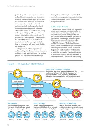 particularly in the areas of communication
and collaboration, training and simulation,
and field and customer service, as well as in
the reinvention of employee and customer
experiences. Device costs continue to
decline, standards are being defined, and
app ecosystems are beginning to emerge.
The combination of these influences—along
with a spate of high-profile acquisitions
that are shining klieg lights on AR and VR
possibilities—may represent a tipping point
for AR and VR’s business and technical
implications—and, more importantly, for
how we rethink the role of the individual in
the workplace.
The process of rethinking begins by
understanding the affordance of new interfaces
and interactions, and their impact on business
process and legacy enterprise technology.
Through this world view, the ways in which
companies exchange data, execute tasks, share
culture, and build the core of the business
change dramatically.
A job with a view
Momentum around virtual and augmented
reality grows with each new deployment. In
particular, noncommercial prototypes are
sparking curiosity across a wide spectrum of
applications. For example, the Los Angeles
Philharmonic immerses audiences in the
world of Beethoven.1
The British Museum
invites visitors into a Bronze Age roundhouse
containing both real and virtual artifacts of
the period.2
Psychologists at the University
of Louisville are creating exposure therapies
to help phobia patients confront and learn to
contain their fears.3
Filmmakers are crafting
Figure 1. The evolution of interaction
shortened chains of command
Augmented and virtual reality help accelerate the
coalescence of users with their device-powered
experience of the world, improving the ﬁdelity of
intention, increasing efﬁciency, and driving innovation.
messengers
Intermediate devices interact with
interfaces; virtually all input occurs
through a mouse or keyboard.
smart screens
Screens manipulated based on
environment facilitate direct physical
or spoken interaction with displays.
intuitive interaction
Devices respond to ambient cues
and intentional movements to create
empathetic, personalized experiences.
interface
hardware
interface
point click type touch swipe talk gesture mood gaze
Tech Trends 2016: Innovating in the digital era
22
 