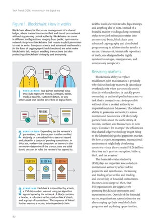 deaths; loans; election results; legal rulings;
and anything else of note. Instead of a
bearded master wielding a long-stemmed
stylus to record minuscule entries into
an oversized book, blockchain uses
advanced cryptography and distributed
programming to achieve similar results: a
secure, transparent, immutable repository
of truth, one designed to be highly
resistant to outages, manipulation, and
unnecessary complexity.
Rewiring markets
Blockchain’s ability to replace
middlemen with mathematics is precisely
why this technology matters. It can reduce
overhead costs when parties trade assets
directly with each other, or quickly prove
ownership or authorship of information—a
task that is currently next to impossible
without either a central authority or
impartial mediator. Moreover, blockchain’s
ability to guarantee authenticity across
institutional boundaries will likely help
parties think about the authenticity of
records, content, and transactions in new
ways. Consider, for example, the efficiencies
that shared ledger technology might bring
to the labyrinthine global payments market.
Or how a secure, transparent, transactional
environment might help developing
countries reduce the estimated $1.26 trillion
they lose each year to corruption, bribery,
theft, and tax evasion.2
The financial services industry
(FSI) plays an important role as today’s
institutional authority of record for
payments and remittances, the issuing
and trading of securities and trading,
and ownership of financial instruments.
It comes as no surprise, then, that
FSI organizations are aggressively
pursuing blockchain investment and
experimentation. Outside of the financial
sector, organizations across industries are
also ramping up their own blockchain
programs and exploring opportunities,
structure Each block is identiﬁed by a hash,
a 256-bit number, created using an algorithm
agreed upon by the network. A block contains
a header, a reference to the previous block’s hash,
and a group of transactions. The sequence of linked
hashes creates a secure, interdependent chain.
3
BLOCK N+1 BLOCK N+2BLOCK N
PENDING
transaction Two parties exchange data;
this could represent money, contracts, deeds,
medical records, customer details, or any
other asset that can be described in digital form.
Figure 1. Blockchain: How it works
Blockchain allows for the secure management of a shared
ledger, where transactions are veriﬁed and stored on a network
without a governing central authority. Blockchains can come
in different conﬁgurations, ranging from public, open-source
networks to private blockchains that require explicit permission
to read or write. Computer science and advanced mathematics
(in the form of cryptographic hash functions) are what make
blockchains tick, not just enabling transactions but also
protecting a blockchain's integrity and anonymity.
1
verification Depending on the network’s
parameters, the transaction is either veriﬁed
instantly or transcribed into a secured record
and placed in a queue of pending transactions. In
this case, nodes—the computers or servers in the
network—determine if the transactions are valid
based on a set of rules the network has agreed to.
2
Tech Trends 2016: Innovating in the digital era
82
 