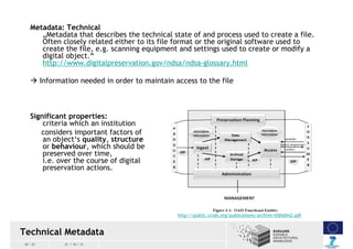 Metadata: Technical
„Metadata that describes the technical state of and process used to create a file.
Often closely relat...