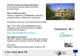TIB (Technische Informationsbibliothek)
is the German National Library of Science
and Technology
Why architectural data?
s...