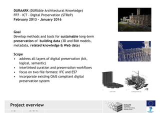 DURAARK (DURAble Architectural Knowledge)
FP7 – ICT – Digital Preservation (STReP)
February 2013 – January 2016

Goal
Deve...