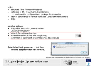 risks:
• software / file format obsolesence
• software  OS  hardware dependencies
• additionally: configuration / packag...