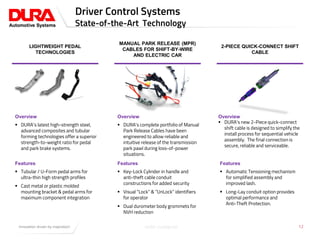 Click to edit Master title styleDriver Control Systems
State-of-the-Art Technology
LIGHTWEIGHT PEDAL
TECHNOLOGIES
MANUAL PARK RELEASE (MPR)
CABLES FOR SHIFT-BY-WIRE
AND ELECTRIC CAR
2-PIECE QUICK-CONNECT SHIFT
CABLE
Overview
 DURA’s latest high-strength steel,
advanced composites and tubular
forming technologies offer a superior
strength-to-weight ratio for pedal
and park brake systems.
Overview
 DURA’s complete portfolio of Manual
Park Release Cables have been
engineered to allow reliable and
intuitive release of the transmission
park pawl during loss-of-power
situations.
Overview
 DURA’s new 2-Piece quick-connect
shift cable is designed to simplify the
install process for sequential vehicle
assembly. The final connection is
secure, reliable and serviceable.
Features
 Tubular / U-Form pedal arms for
ultra-thin high strength profiles
 Cast metal or plastic molded
mounting bracket & pedal arms for
maximum component integration
Features
 Key-Lock Cylinder in handle and
anti-theft cable conduit
constructions for added security
 Visual “Lock” & “UnLock” identifiers
for operator
 Dual durometer body grommets for
NVH reduction
Features
 Automatic Tensioning mechanism
for simplified assembly and
improved lash.
 Long-Lay conduit option provides
optimal performance and
Anti-Theft Protection.
DURA-Confidential 12
 