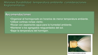 Misiones Durabilidad, temperatura ambiente, consideraciones Reglamentarias. Organizar el hormigonado en horarios de menor temperatura ambiente. Utilizar cortinas rompe viento. Rociar con aspersores agua para la humedad ambiente. Mantener a los agregados resguardados del sol. Bajar la temperatura del hormigón. Recomendaciones: 