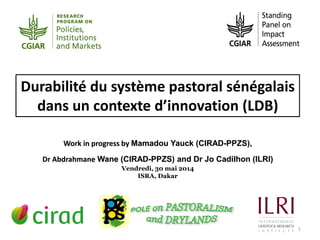 1
Work in progress by Mamadou Yauck (CIRAD-PPZS),
Dr Abdrahmane Wane (CIRAD-PPZS) and Dr Jo Cadilhon (ILRI)
Vendredi, 30 mai 2014
ISRA, Dakar
Durabilité du système pastoral sénégalais
dans un contexte d’innovation (LDB)
 