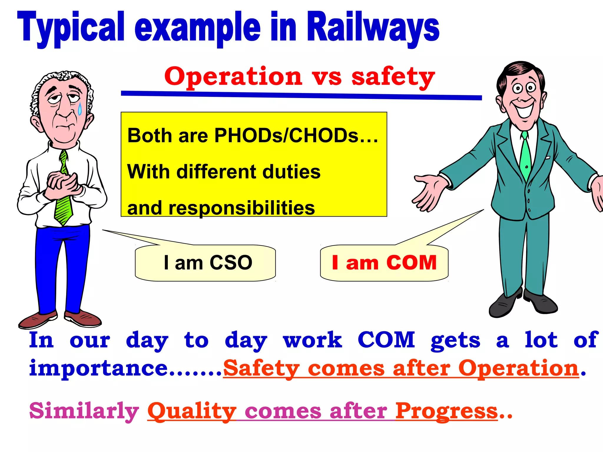In our day to day work COM gets a lot of
importance…….Safety comes after Operation.
Similarly Quality comes after Progress..
I am CSO I am COM
Both are PHODs/CHODs…
With different duties
and responsibilities
Operation vs safety
 