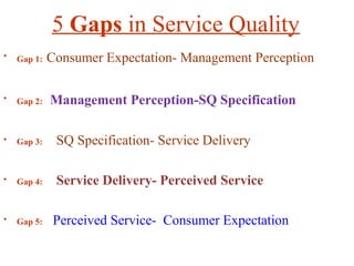 5 Gaps in Service Quality
• Gap 1: Consumer Expectation- Management Perception
• Gap 2: Management Perception-SQ Specification
• Gap 3: SQ Specification- Service Delivery
• Gap 4: Service Delivery- Perceived Service
• Gap 5: Perceived Service- Consumer Expectation
 