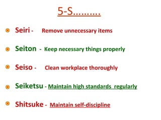 5-S……….
Seiri - Remove unnecessary items
Seiton - Keep necessary things properly
Seiso - Clean workplace thoroughly
Seiketsu - Maintain high standards regularly
Shitsuke - Maintain self-discipline
 