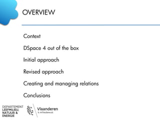 OVERVIEW
Context
DSpace 4 out of the box
Initial approach
Revised approach
Creating and managing relations
Conclusions
 