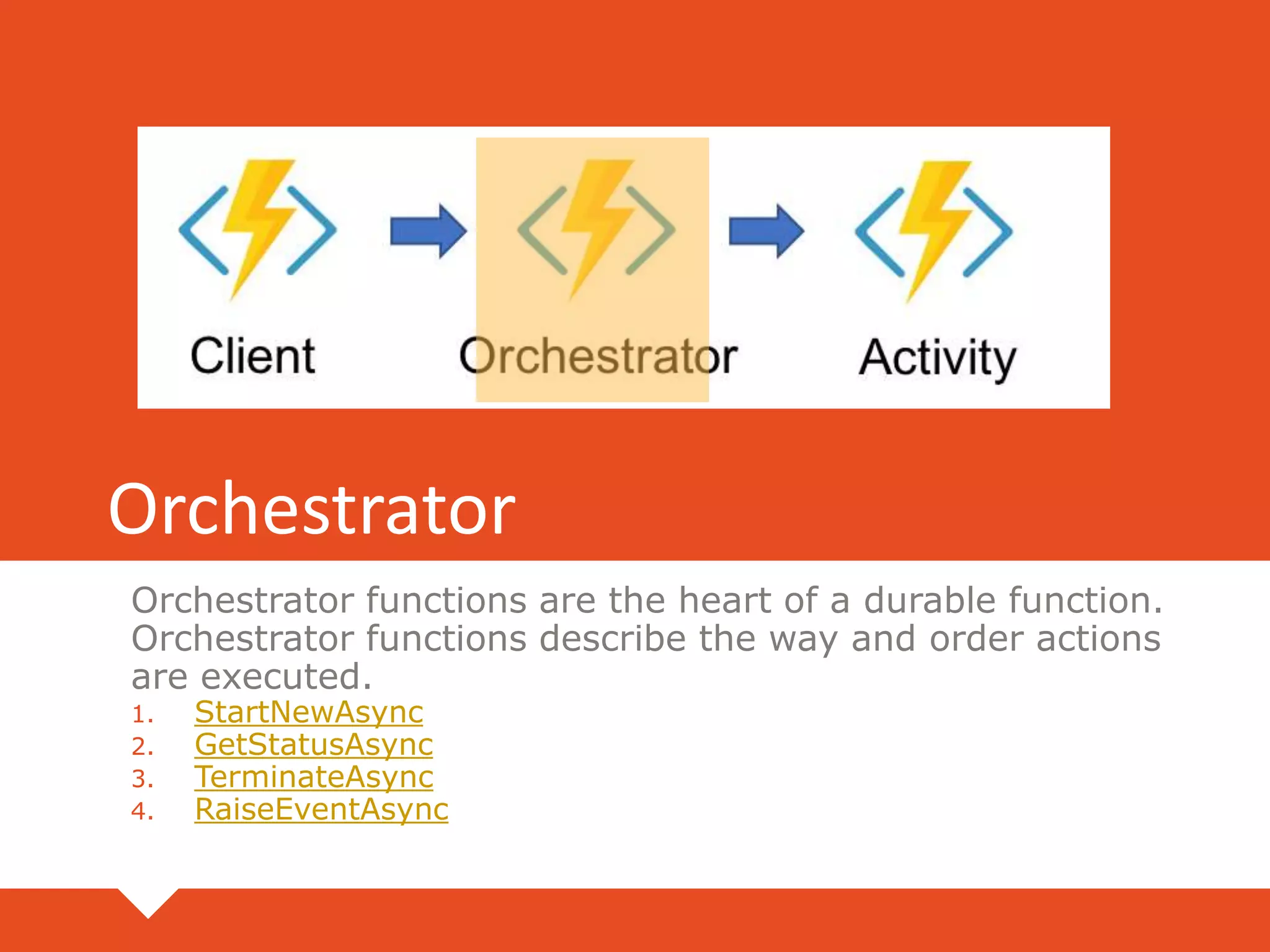 Orchestrator
Orchestrator functions are the heart of a durable function.
Orchestrator functions describe the way and order actions
are executed.
1. StartNewAsync
2. GetStatusAsync
3. TerminateAsync
4. RaiseEventAsync
 