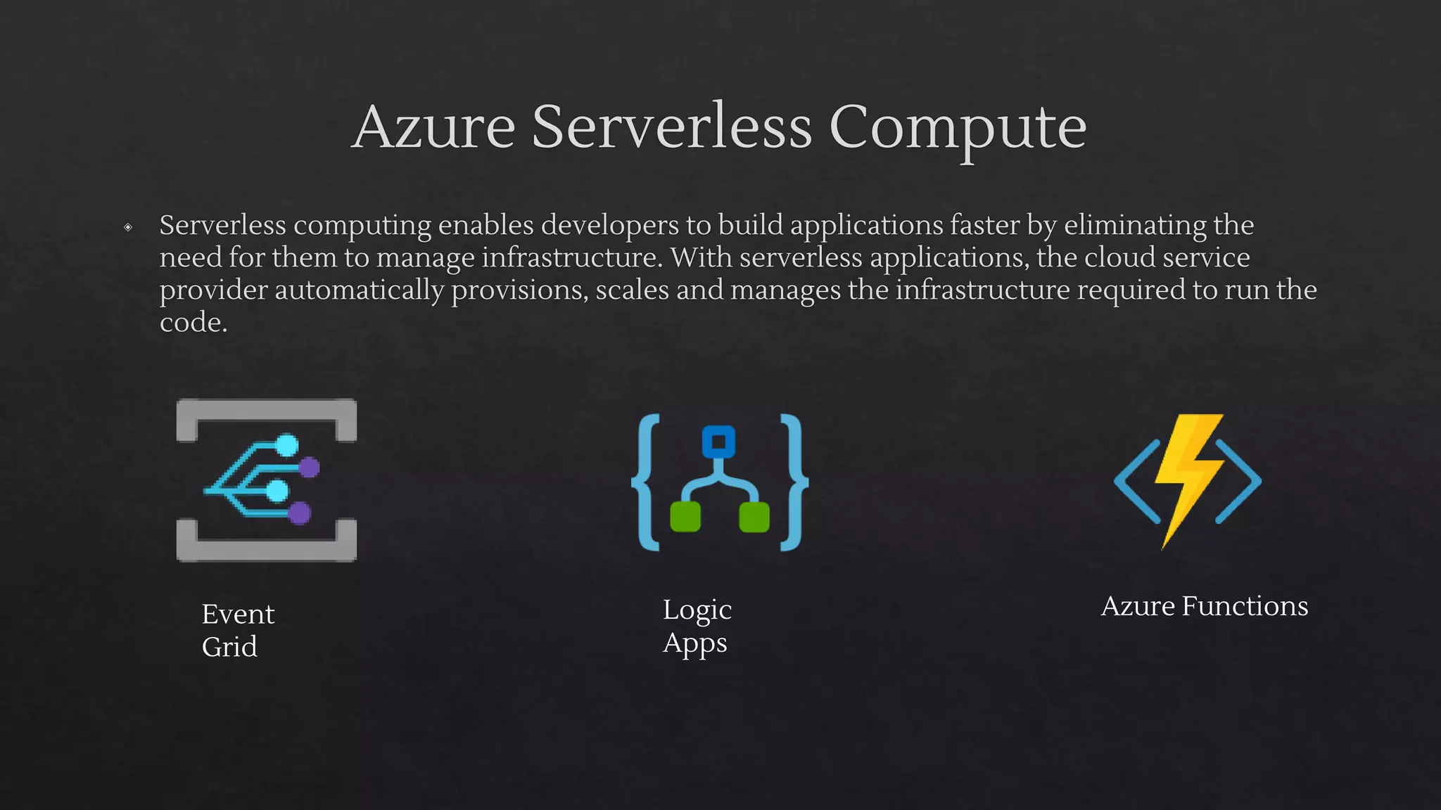 Azure Serverless Compute
◈ Serverless computing enables developers to build applications faster by eliminating the
need for them to manage infrastructure. With serverless applications, the cloud service
provider automatically provisions, scales and manages the infrastructure required to run the
code.
Event
Grid
Logic
Apps
Azure Functions
 