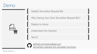 @pacodelacruz
Stateful Serverless Request Bin
Why Having Your Own Serverless Request Bin?
Deploy to Azure
Understand the Solution
Test It!
Demo
github.com/pacodelacruz/
serverless-request-bin-durable-functions
 