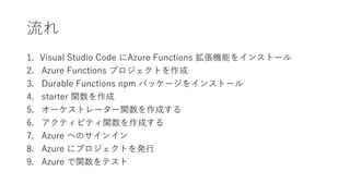 
1. Visual Studio Code Azure Functions Cܤ򥤥󥹥ȩ`
2. Azure Functions ץȤ
3. Durable Functions npm ѥå`򥤥󥹥ȩ`
4. starter v
5. `ȥ``vɤ
6. ƥӥƥvɤ
7. Azure ؤΥ󥤥
8. Azure ˥ץȤk
9. Azure vƥ
 