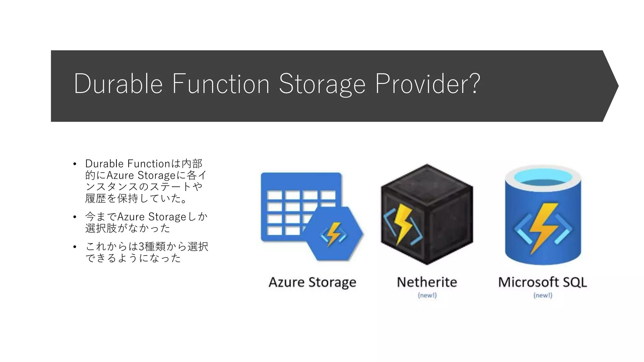 Durable Function Storage Provider?
• Durable Functionは内部
的にAzure Storageに各イ
ンスタンスのステートや
履歴を保持していた。
• 今までAzure Storageしか
選択肢がなかった
• これからは3種類から選択
できるようになった
 