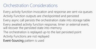 Orchestration Considerations
Every activity function invocation and response are sent via queues
Activity Function outputs are checkpointed and persisted
Every async call persists the orchestration state into storage table
Every awaited activity function response, timer or external event,
will recover the persisted state into memory
The orchestration is replayed up-to the last persisted point
Activity Functions are not replayed
Event-Sourcing pattern is used
 