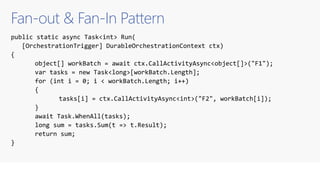 Fan-out & Fan-In Pattern
public static async Task<int> Run(
[OrchestrationTrigger] DurableOrchestrationContext ctx)
{
object[] workBatch = await ctx.CallActivityAsync<object[]>("F1");
var tasks = new Task<long>[workBatch.Length];
for (int i = 0; i < workBatch.Length; i++)
{
tasks[i] = ctx.CallActivityAsync<int>("F2", workBatch[i]);
}
await Task.WhenAll(tasks);
long sum = tasks.Sum(t => t.Result);
return sum;
}
 