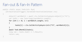 Fan-out & Fan-In Pattern
public static async Task<int> Run(
[OrchestrationTrigger] DurableOrchestrationContext ctx)
{
object[] workBatch = await ctx.CallActivityAsync<object[]>("F1");
var tasks = new Task<long>[workBatch.Length];
for (int i = 0; i < workBatch.Length; i++)
{
tasks[i] = ctx.CallActivityAsync<int>("F2", workBatch[i]);
}
await Task.WhenAll(tasks);
long sum = tasks.Sum(t => t.Result);
return sum;
}
CallActivityWithRetryAsync
 